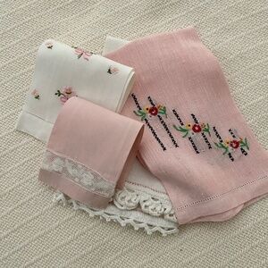 Vintage Tea Towels. Handmade Cotton Guest Linens. Lace, Embroidery, Crochet. 6